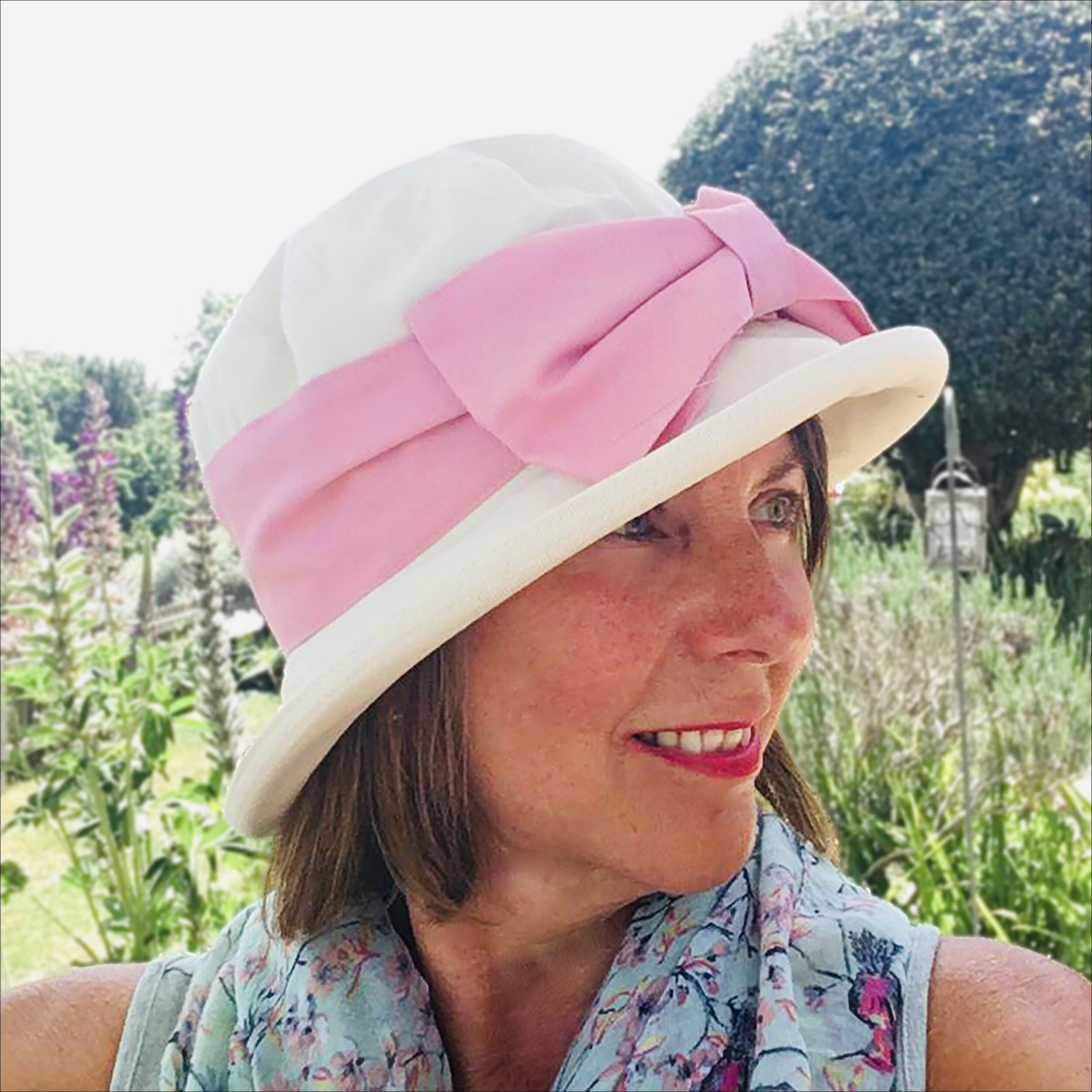 Timeless Style Cream Cotton Sun Hat With Big Pink Bow & Sash 