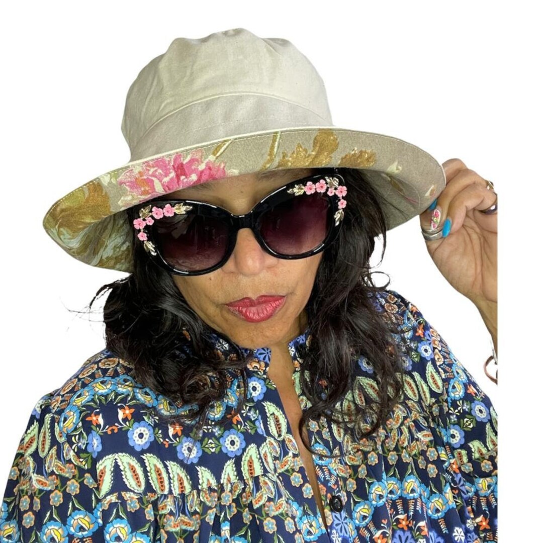 Washable Gardening Hat With Big Soft Brim, Cool 100% Cream Cotton Sun Hat  With Brown Floral Contrast, Packable for Summer Holiday Travel 