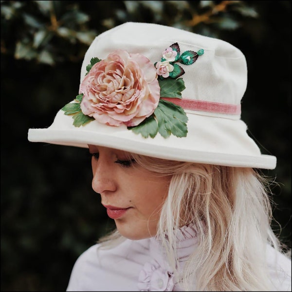 Classic English Summer Hat Womens, 100% Cream Cotton with Vintage Peach Rose & Velvet Trim, Holiday Hat, Country Garden Party, Wedding Guest