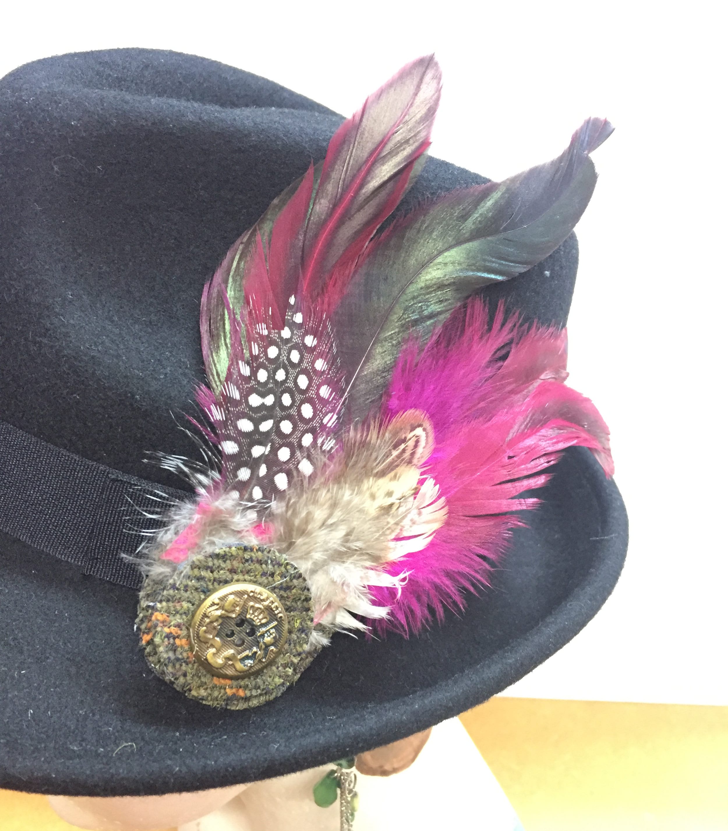 Bright Pink Feather Button Brooch Fun 