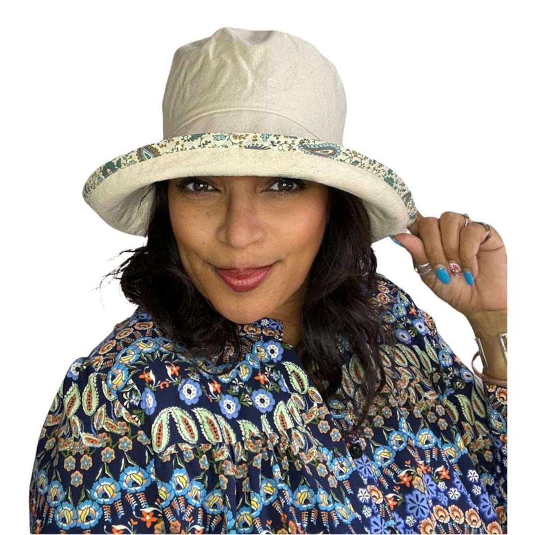 Cool Cream 100% Cotton Sun Hat With Soft Wide Brim & Blue Paisley Ribbon  Trim, Washable and Packable for Easy Travel, Fits Small Heads Too 