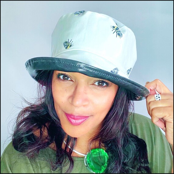 Bumble Bee Waterproof Bucket Hat, Bees Pattern Women's Foldable White Rainhat with Black Brim, PVC Rain Hat Adjustable to Fit Small Heads!