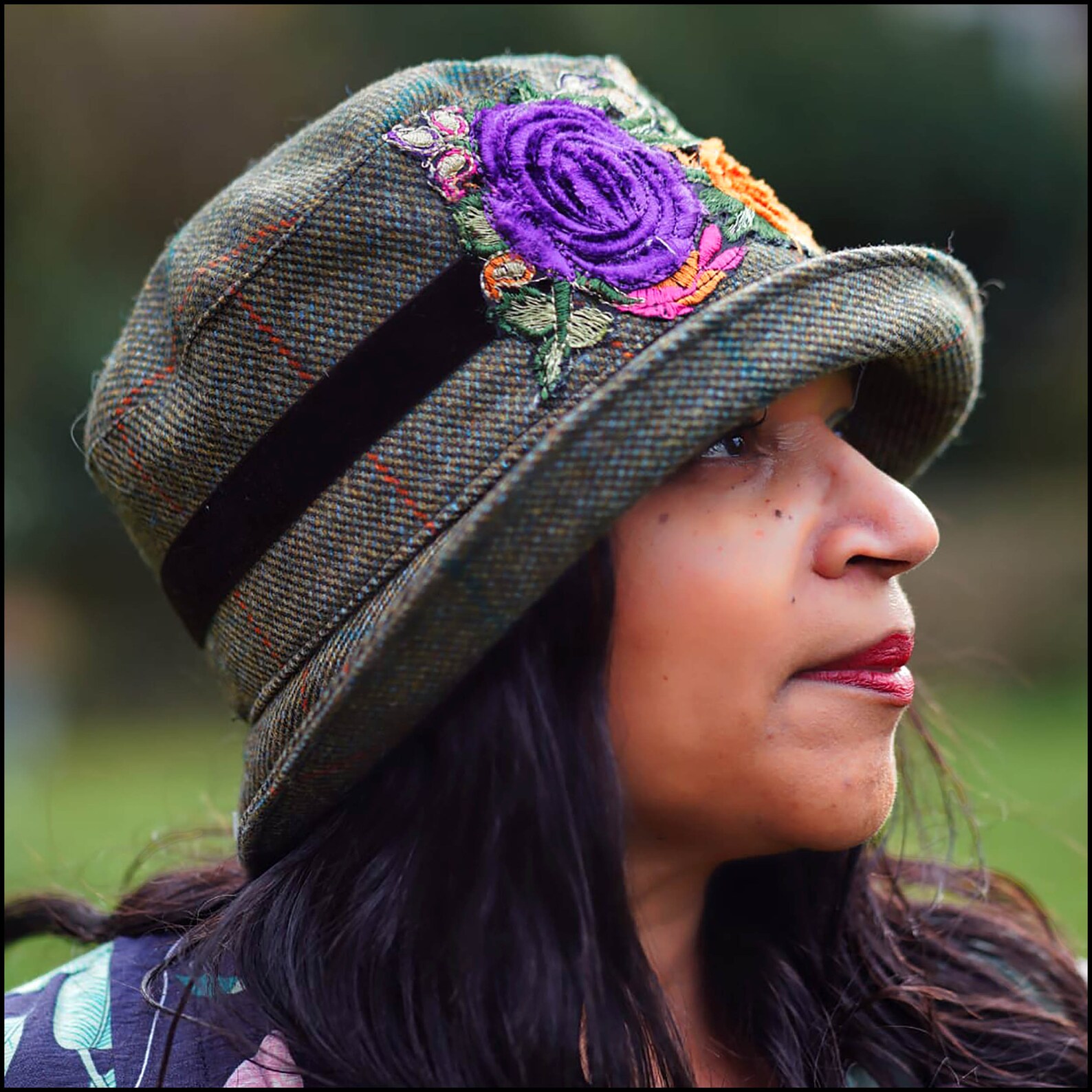 Ladies Waterproof Wax Cloche Hat with Tweed Rose and Brim - Brown (Light Green Tweed)
