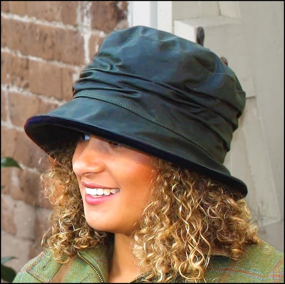 Rainproof Green Waxed Cotton Waterproof Hat With Wide Brim & High Pleated  Crown, Smart Velvet Trim, Stylish Packable Rain Hat, Town /country 