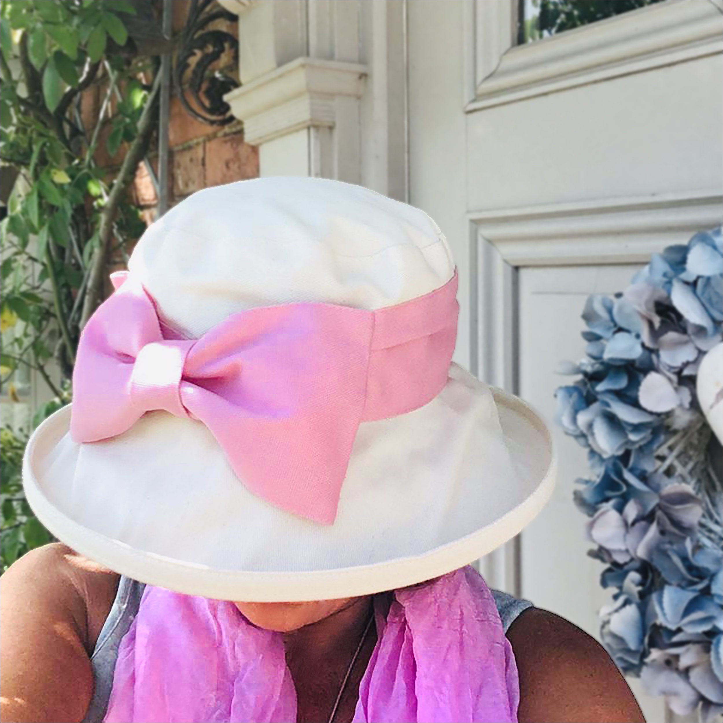 Laura Ashley Cream Hat with Pink Bow Timeless Style Cream Cotton Sun Hat With Big Pink Bow & Sash  main image 3
