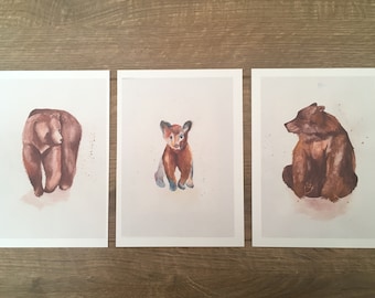 Watercolour Bear Family Trio Prints