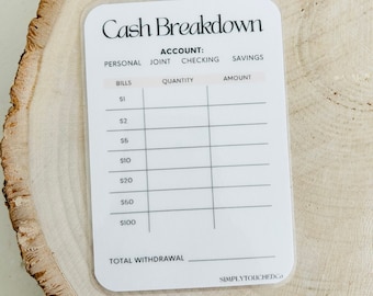 Laminated Cash Breakdown, Bank Teller Reusable Slips