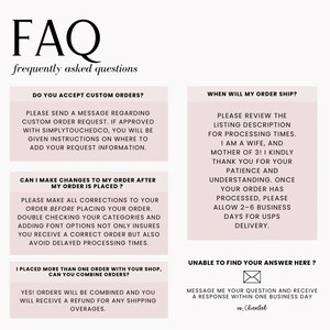 K&ouml;nnte beinhalten: Eine rosa und wei&szlig;e FAQ-Seite mit Text, der h&auml;ufige Fragen zu Sonderbestellungen, Bestellungs&auml;nderungen, Versandzeiten und der Zusammenlegung von Bestellungen beantwortet. Der Text enth&auml;lt den Satz "Simply Touched Co."
