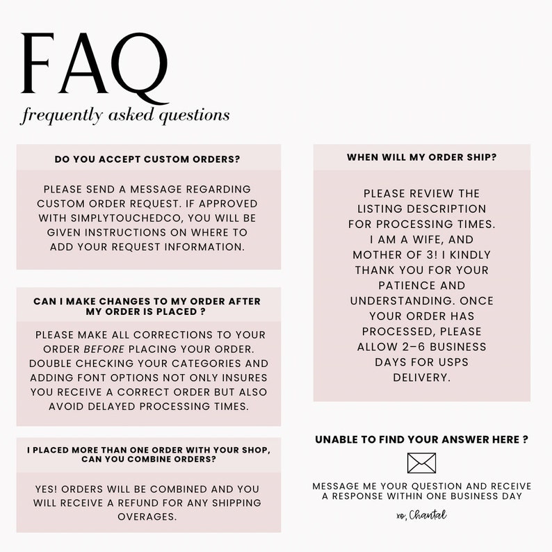 K&ouml;nnte beinhalten: Eine rosa und wei&szlig;e FAQ-Seite mit Text, der h&auml;ufige Fragen zu Sonderbestellungen, Bestellungs&auml;nderungen, Versandzeiten und der Zusammenlegung von Bestellungen beantwortet. Der Text enth&auml;lt den Satz "Simply Touched Co."