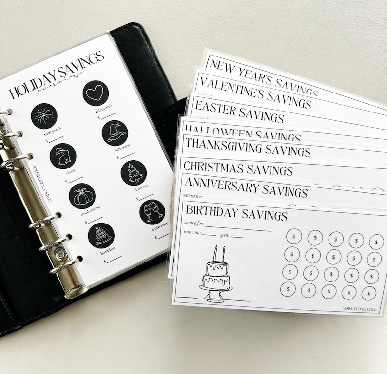 May include: A set of printable holiday savings trackers with black and white illustrations. The trackers include categories for New Year's, Valentine's Day, Easter, Halloween, Thanksgiving, Christmas, Anniversary, and Birthday. Each tracker has a space to write the saving goal and a grid of circles to track progress.