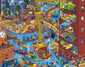 May include: A colorful illustration of a flooded city with a yellow construction crane, a dog pound, and many people in boats and on the streets. The illustration is full of details and humor.