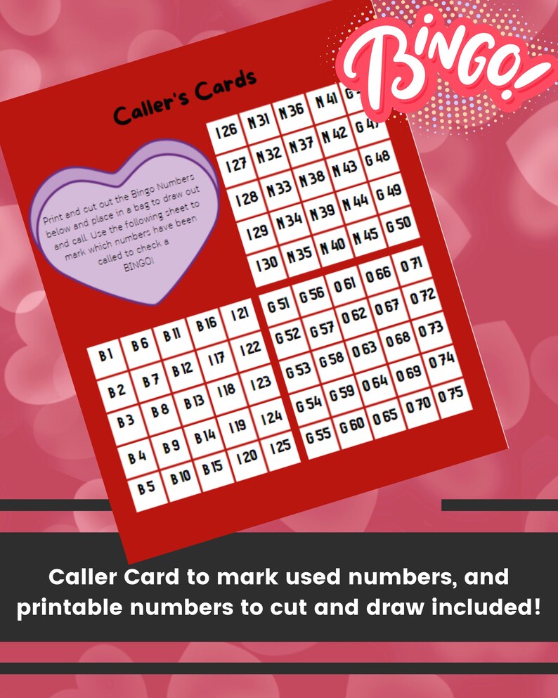 Valentine Bingo Cards Instant Download 30 Printable Numbered Bingo