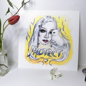 May include: A watercolor illustration of a woman with long white hair holding a small white animal. The woman has a flower crown and the word "PROTECT" is written in blue and white letters below her. The background is yellow.