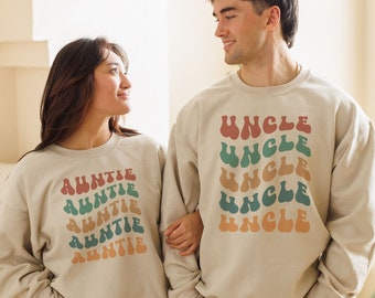Sudaderas retro de tío y tía - Uncle And Auntie Groovy Stacked - A juego - Regalo para el tío - Regalo para la tía - Sudadera unisex de cuello redondo