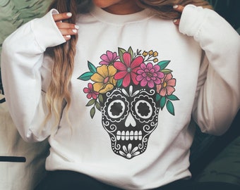 Day Of The Dead Sweatshirt - Flower Floral Sugar Skull  - Dia De Los Muertos - Fall Sweater - Halloween Top - Unisex Crewneck Sweatshirt