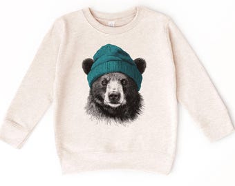Retro Kids Black Bear Wearing Beanie Vintage Wildlife Toddler Sweatshirt