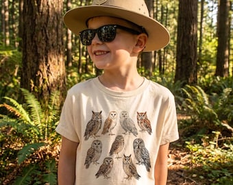 Guía de campo de búhos de Norteamérica. Regalo para observadores de aves. Camiseta para niños pequeños, adultos y jóvenes.