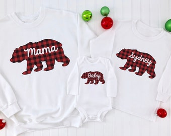 Matching Custom Bear Family Sweatshirts - Christmas Family Bears - Buffalo Plaid Tops - Personalized Family Crewneck - Unisex Crewneck