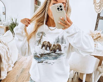 Retro Grizzly Bears Wilderness Scene Sweatshirt - Nineties
