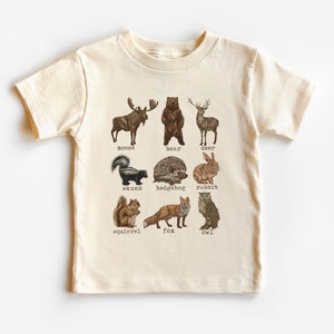 森の動物幼児用シャツ - かわいいヴィンテージの森の野生動物 - 動物の名前のTシャツ - ボヘミアンナチュラルキッズシャツ