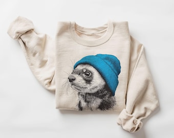 Retro Ferret Wearing Beanie Vintage Pet Owner Animal Unisex Sweatshirt