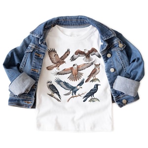 K&ouml;nnte beinhalten: Wei&szlig;es T-Shirt mit Illustrationen verschiedener Greifv&ouml;gel, darunter Falken, Adler und eine Eule. Das Shirt wird mit einer klassischen blauen Jeansjacke kombiniert. Die Vogelillustrationen sind detailliert und in nat&uuml;rlichen Farben gehalten.