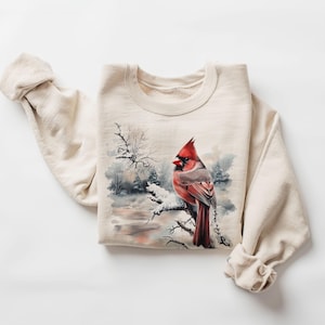 Sudadera con escena invernal de cardenal rojo retro: atuendo de observación de aves de los años noventa y noventa: sudadera unisex de cuello redondo estilo bohemio