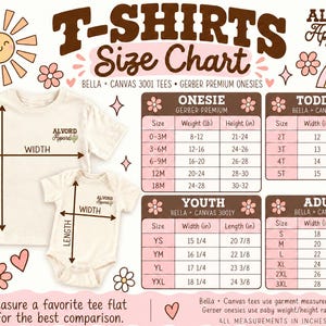 Puede incluir: Una tabla de tallas de Alvord Apparel con una camiseta y un body de color crema con flechas de medici&oacute;n de ancho y largo. La tabla incluye medidas en pulgadas para bodies Gerber y camisetas Bella Canvas 3001 para ni&ntilde;os y adultos.