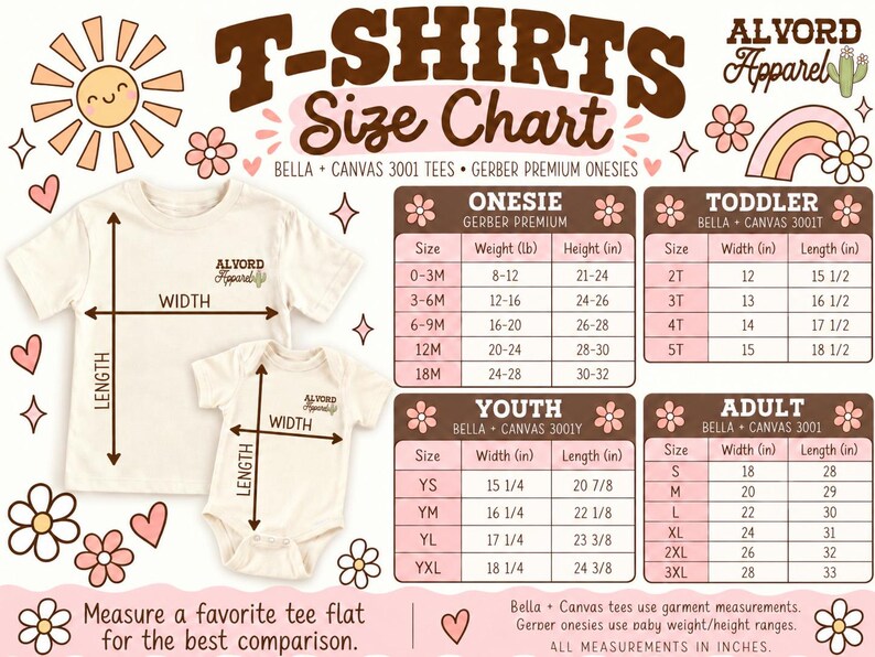Puede incluir: Una tabla de tallas de Alvord Apparel con una camiseta y un body de color crema con flechas de medici&oacute;n de ancho y largo. La tabla incluye medidas en pulgadas para bodies Gerber y camisetas Bella Canvas 3001 para ni&ntilde;os y adultos.