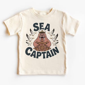 Sea Captain Walrus Kids Shirt - Nautical Ocean Animal Tee - Beach Adventure Toddler Outfit with Ship Wheel & Seagulls - Cute Maritime Top