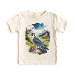 May include: A cream-colored short-sleeve t-shirt featuring a graphic illustration of a peregrine falcon perched on a rock. The background depicts a landscape with green hills, a winding river, pine trees, distant mountains, and blue clouds.