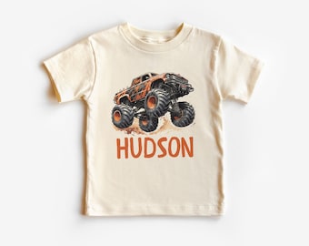 Boys Tiger Stripe Monster Truck Shirt, Custom Personalized Kids Name, Back To School, Boy Birthday Party Gift, Off Road Toddler Tee