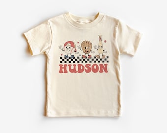 Camisa personalizada de béisbol para niños pequeños, bate de béisbol retro, guante y pelota de receptor, camiseta personalizada con nombres para niños, ropa para niños pequeños y jóvenes