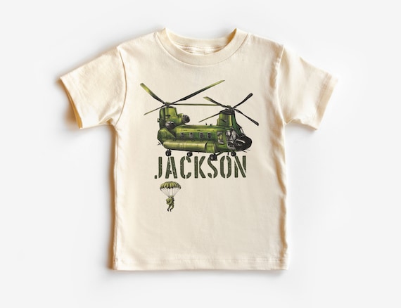 Personalized Green Military Helicopter Toddler Shirt - Custom Kids Name Paratrooper Chopper Outfit - Boho Natural Toddler & Youth Tee