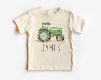 Personalisiertes Traktor-Kleinkind-Shirt - niedliches benutzerdefiniertes Name Farmer Green Farm Tractor Tee - Boho Natural Kids Shirts