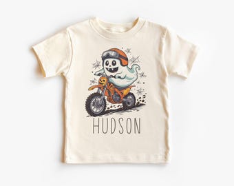 Personalized Dirt Bike Halloween Kids Shirt - Custom Ghost Dirt Biking Shirts - Boo Ghost Tees - Boho Natural Kids Youth & Adult Shirts