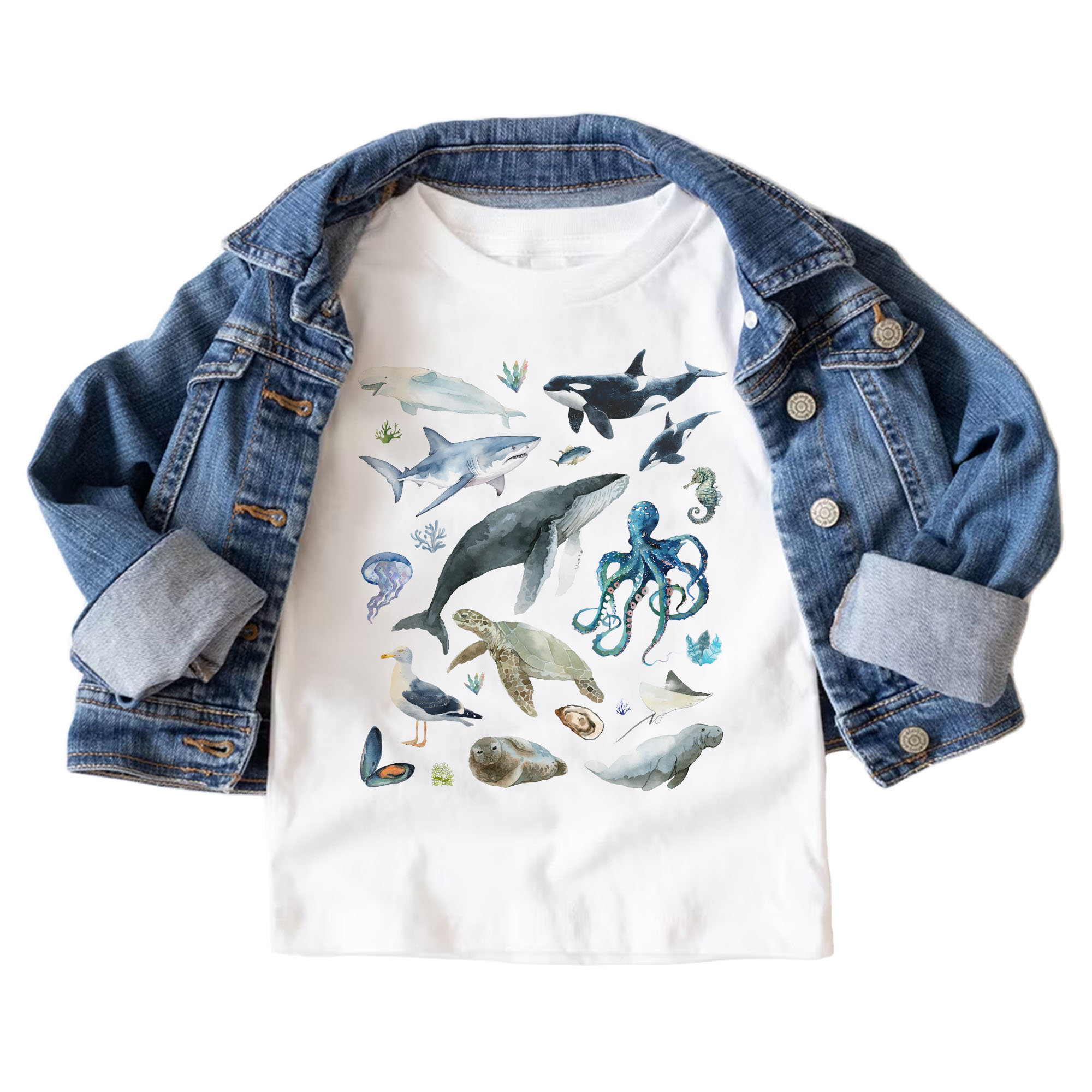 Maglietta per bambini Ocean Creatures Simpatico abbigliamento per bambini con acquerello di vita marina Camicie Boho Natural per bambini e ragazzi Etsy Italia