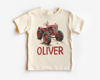 Personalized Vintage Red Farm Tractor Toddler Shirt - Cute Custom Name Farmer Old Tractor Tee - Boho Natural Kids Shirts