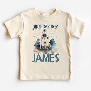 Personalized Space Rocket Toddler Shirt - Custom Kids Names Clothing - Outer Space Astronaut Birthday Boy - Natural Toddler & Youth Tee