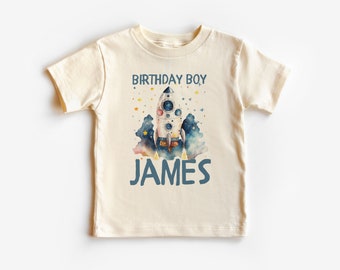 Personalized Space Rocket Toddler Shirt - Custom Kids Names Clothing - Outer Space Astronaut Birthday Boy - Natural Toddler & Youth Tee