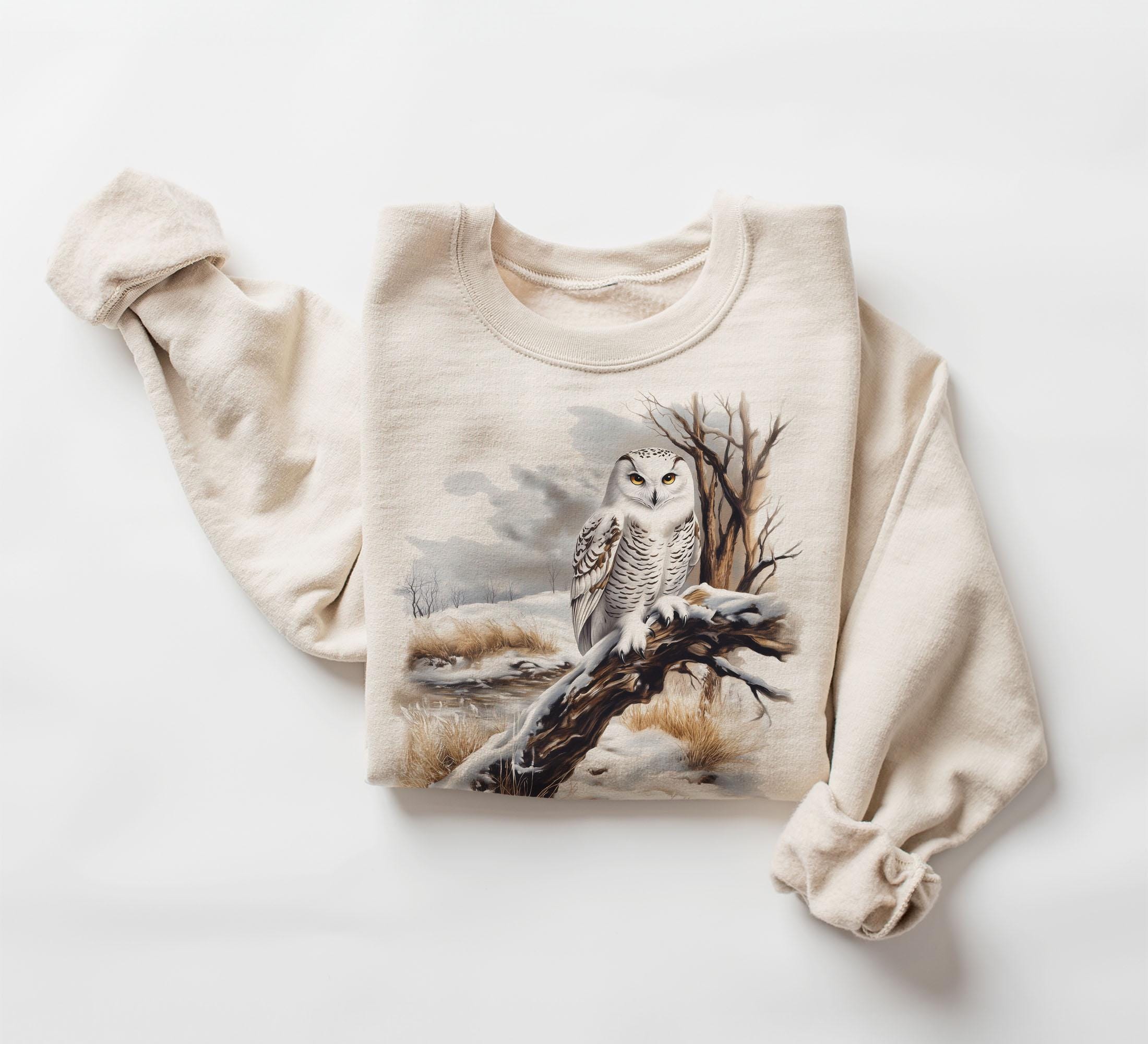 Retro Snowy Owl Winter Scene Sweatshirt - Nineties 90s Vintage Owl Perched On Tree Outfit - Birds Of