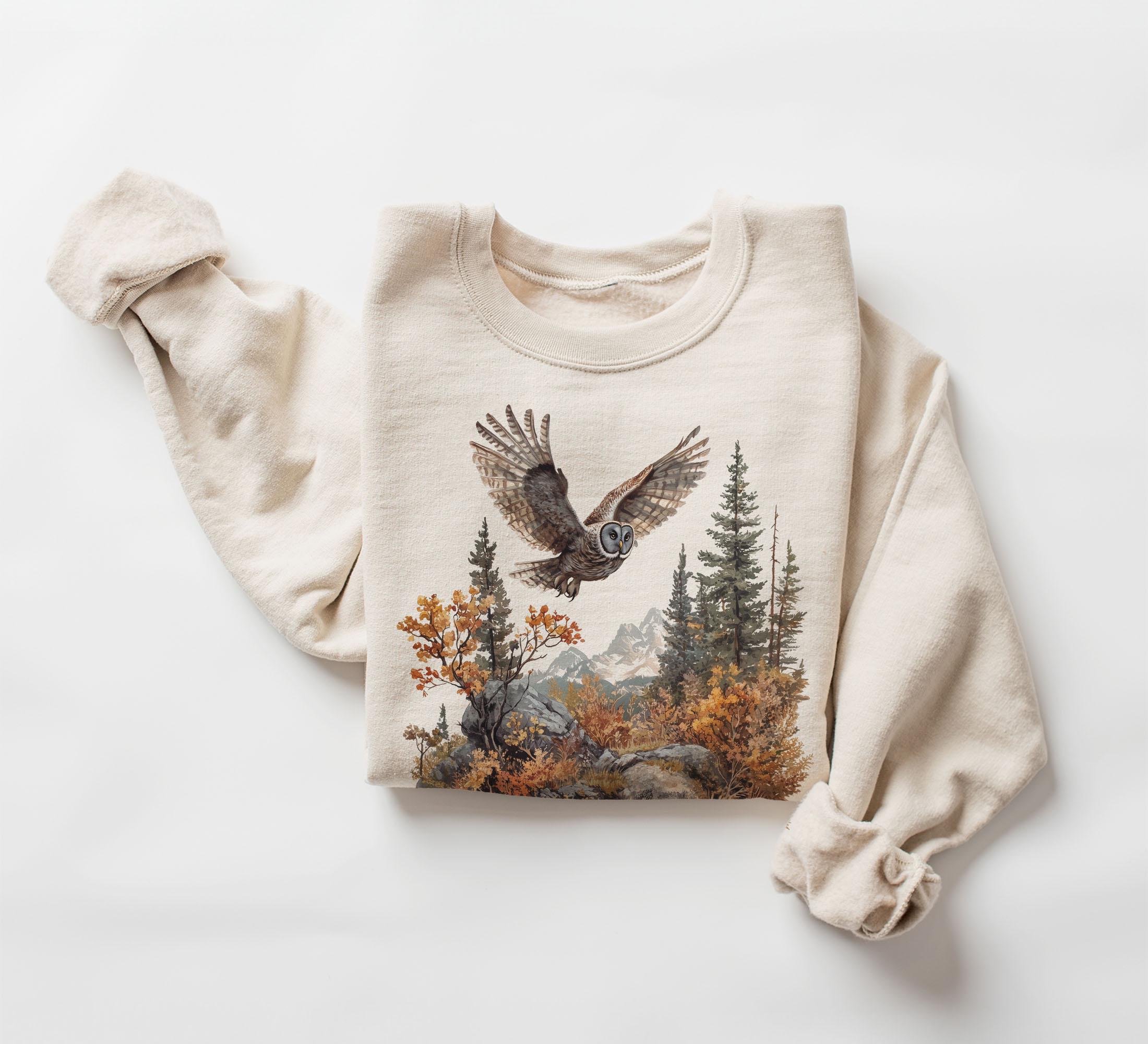 Retro Great Grey Owl Fall Mountain Scene Sweatshirt - Nineties 90s Vintage Birds Of Prey Forest Outf