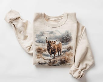 Retro Highland Cow Sweatshirt - Nineties 90s Vintage Scottish Cows In Nature Scene Outfit - Boho Unisex Crewneck Sweatshirt