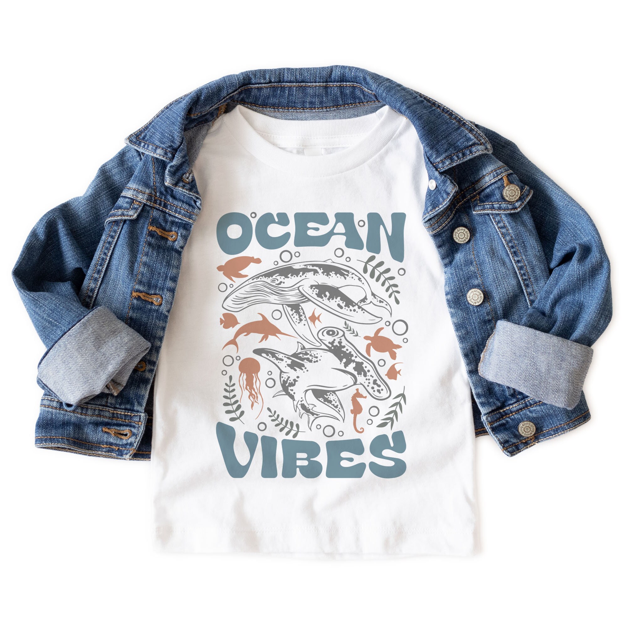 Retro Ocean Vibes Toddler Shirt - Hammerhead Shark and Whale