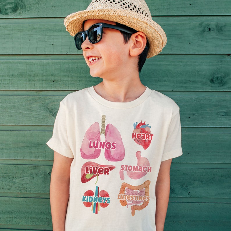 K&ouml;nnte beinhalten: Ein wei&szlig;es T-Shirt mit einer bunten Illustration der menschlichen Organe, darunter Lunge, Herz, Leber, Magen, Darm und Nieren. Der Text "LUNGS", "HEART", "LIVER", "STOMACH", "INTESTINES" und "KIDNEYS" ist auf dem Shirt aufgedruckt.