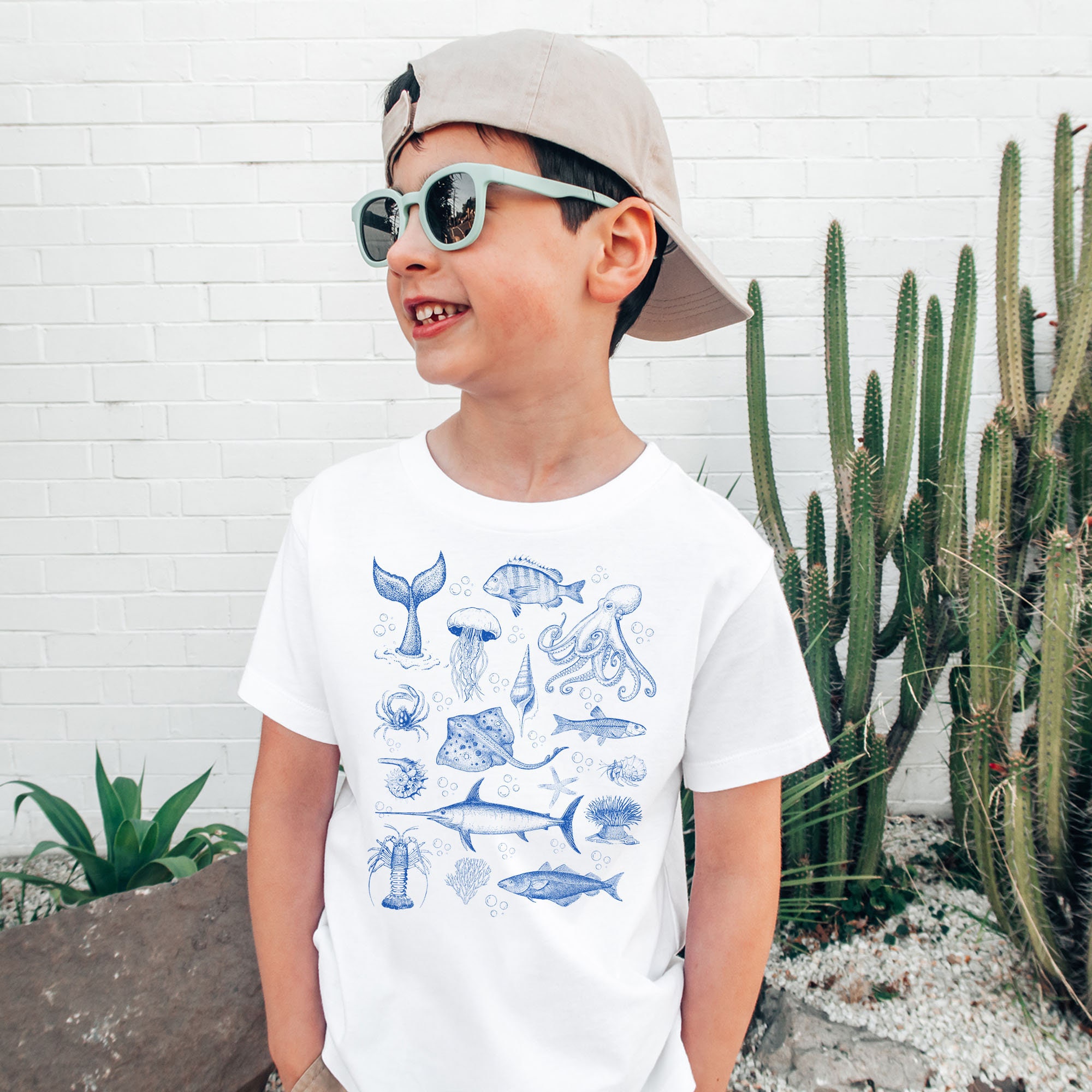 Retro Blue Sea Creatures Toddler Shirt - Cute Ocean Life