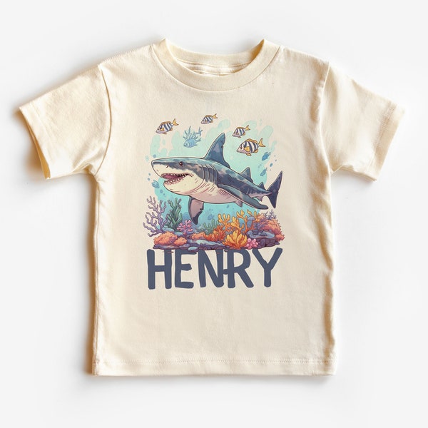 Personalized Great White Shark Toddler Shirt - Cute Ocean Aesthetic - Custom Kids Names Clothing - Natural Toddler & Youth Tee