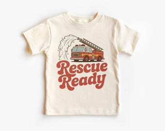 Rescue Ready Fire Truck Kids Shirt - Fire Engine Graphic Tee - Little Firefighter Birthday Outfit - Cute Retro Firetruck Toddler Gift