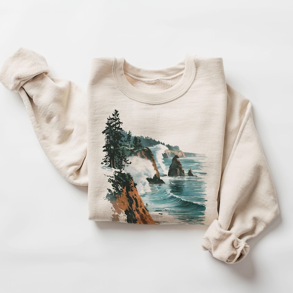 Retro Oregon Coast Winter Cliffs & Waves Sweatshirt - Nineties 90s Vintage Vacation Crewneck Sea Coastline - Boho Unisex Crewneck Sweatshirt