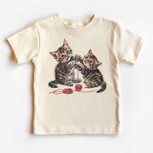 Kittens Playing With Yarn Toddler Shirt - Baby Kitty Cat Lover - 90s Style Graphic Tee - Natural Boho Toddler & Youth Tee